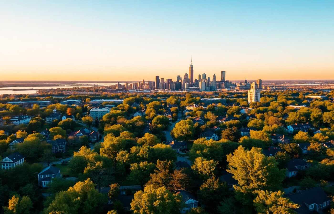 Western New York skyline at golden hour — Buffalo neighborhoods stretching to Lake Erie.